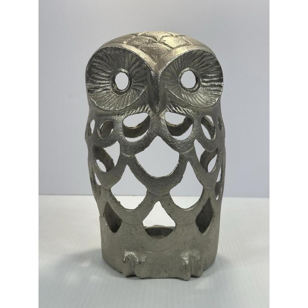 LARGE SILVER TONE METAL OWL ARTISIAN CANDLE HOLDER. 10.75" TALL ALUMINUM